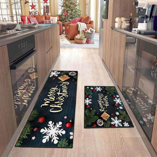 Lot de 2 Tapis de Cuisine - Envers Antidérapant - Décoration de Noël