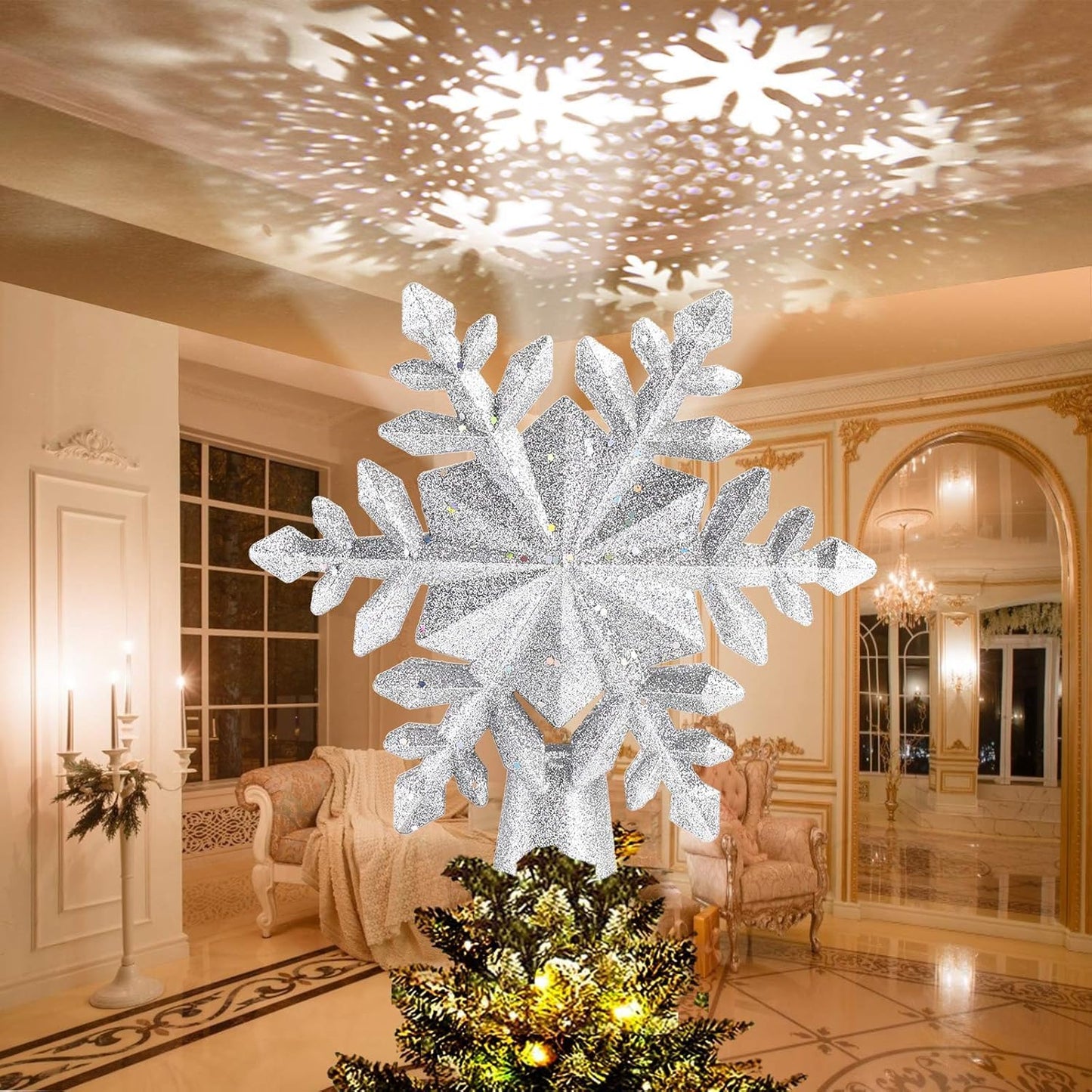Étoile Topper de Noël - Projection 3D Rotative - Flocon de Neige LED