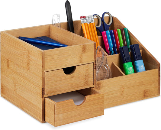 Organisateur de Bureau - Bambou Naturel - 2 Tiroirs et 7 Compartiments