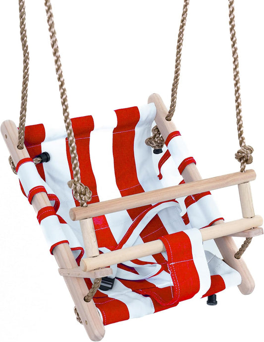 Siège Balançoire Bébé - Bois - Tissu Blanc Rouge