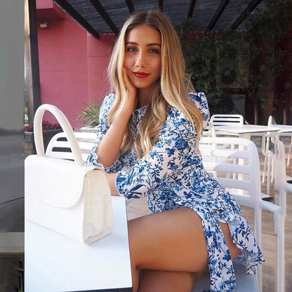 Robe Florale Bleu et Blanc à Manches Longues et Taille Froncée