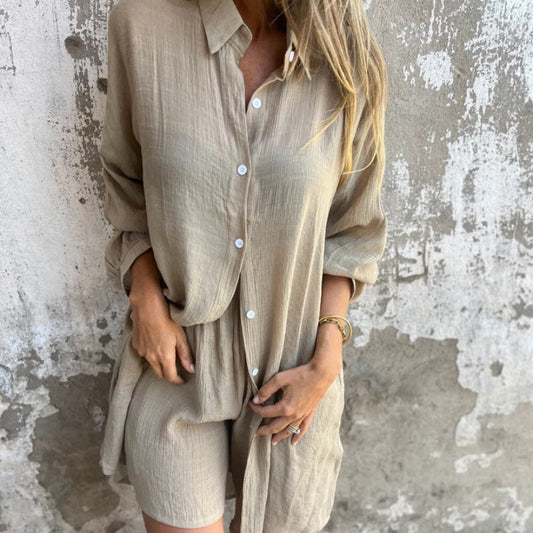Ensemble deux pièces chemise à manches longues et short décontracté pour femme