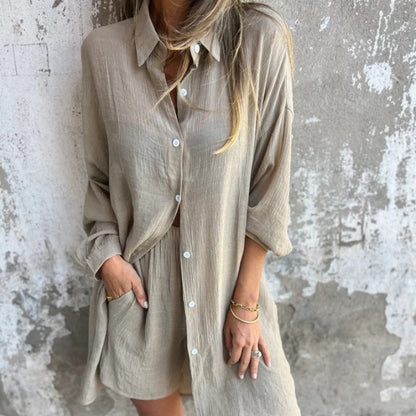 Ensemble deux pièces chemise à manches longues et short décontracté pour femme
