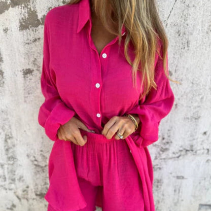 Ensemble deux pièces chemise à manches longues et short décontracté pour femme