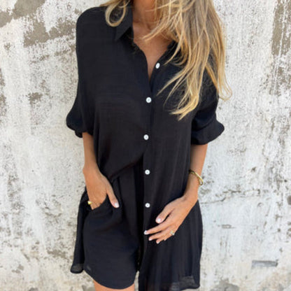 Ensemble deux pièces chemise à manches longues et short décontracté pour femme