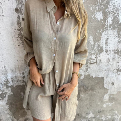 Ensemble deux pièces chemise à manches longues et short décontracté pour femme